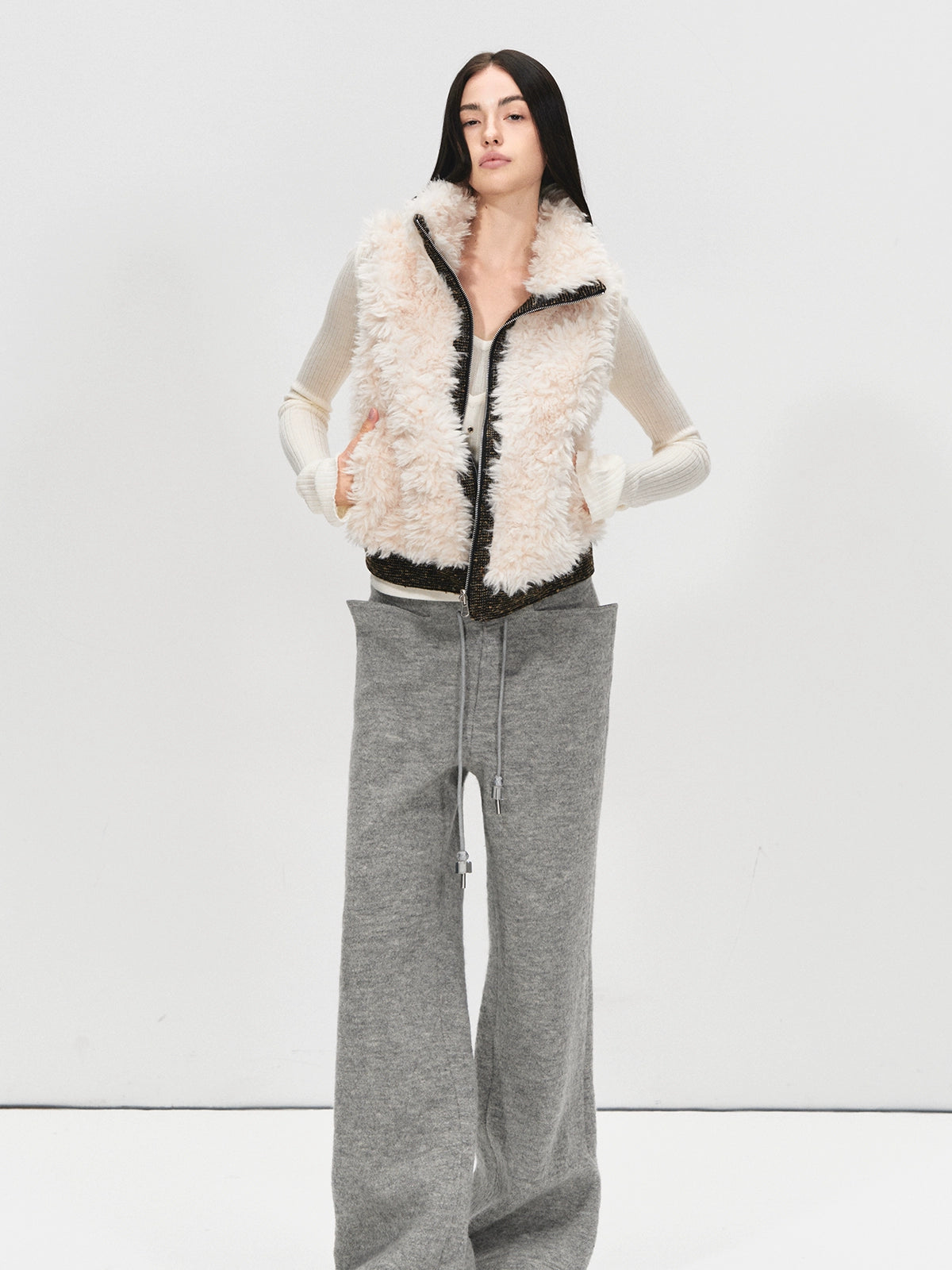Reversible Wool Blend Faux Fur Vest Jacket
