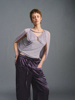 Purple Ruched Mesh V-Neck Top