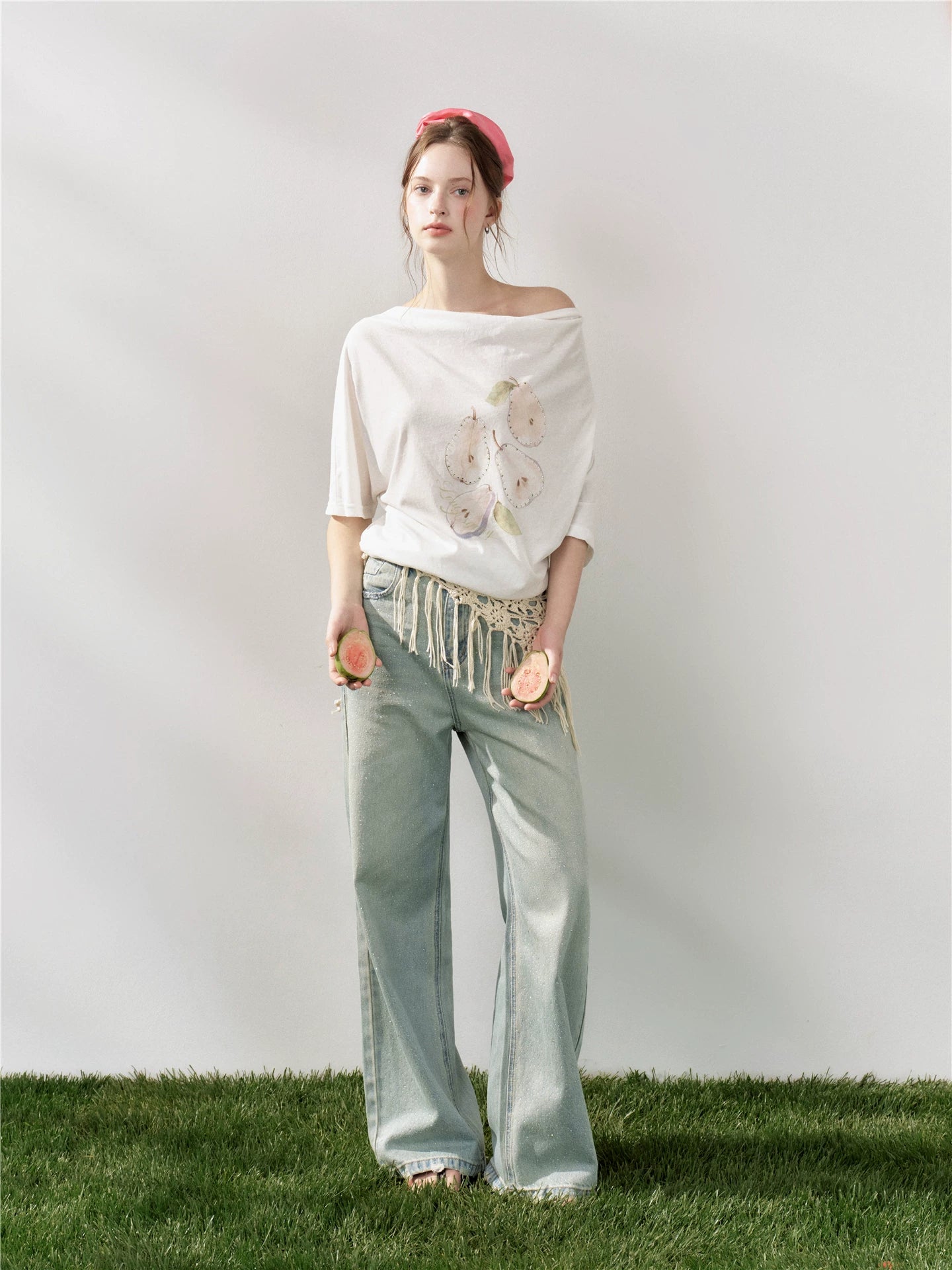 Rhinestone Pear Print Draped T-shirt