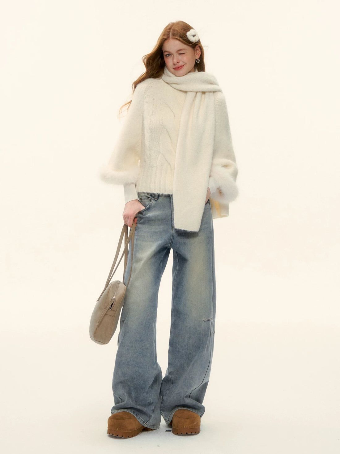 Washed Denim Curved-Cut Pants