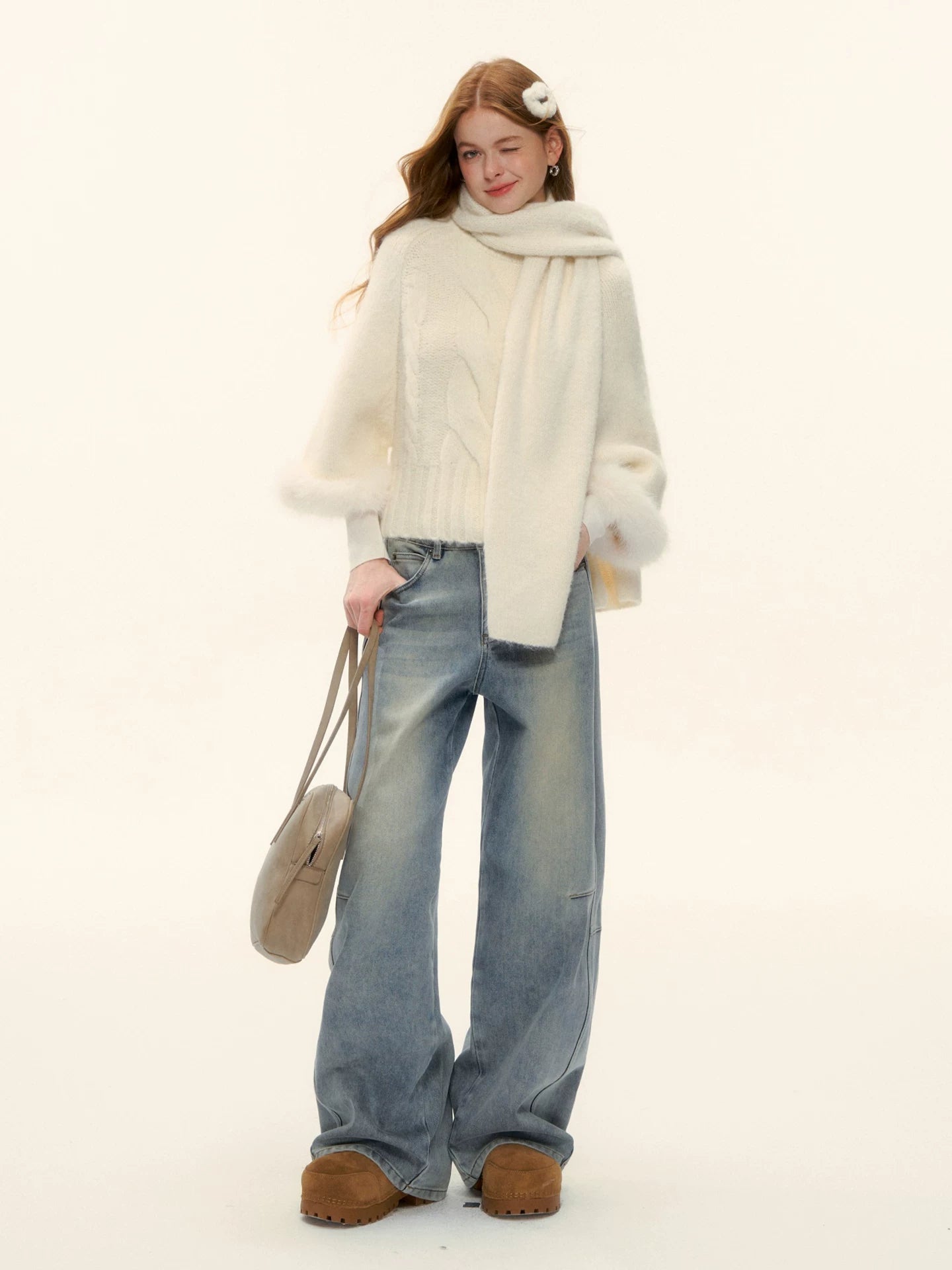 Washed Denim Curved-Cut Pants