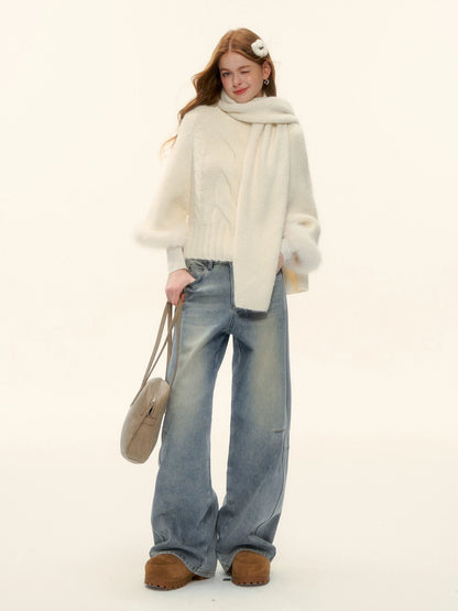 Washed Denim Curved-Cut Pants
