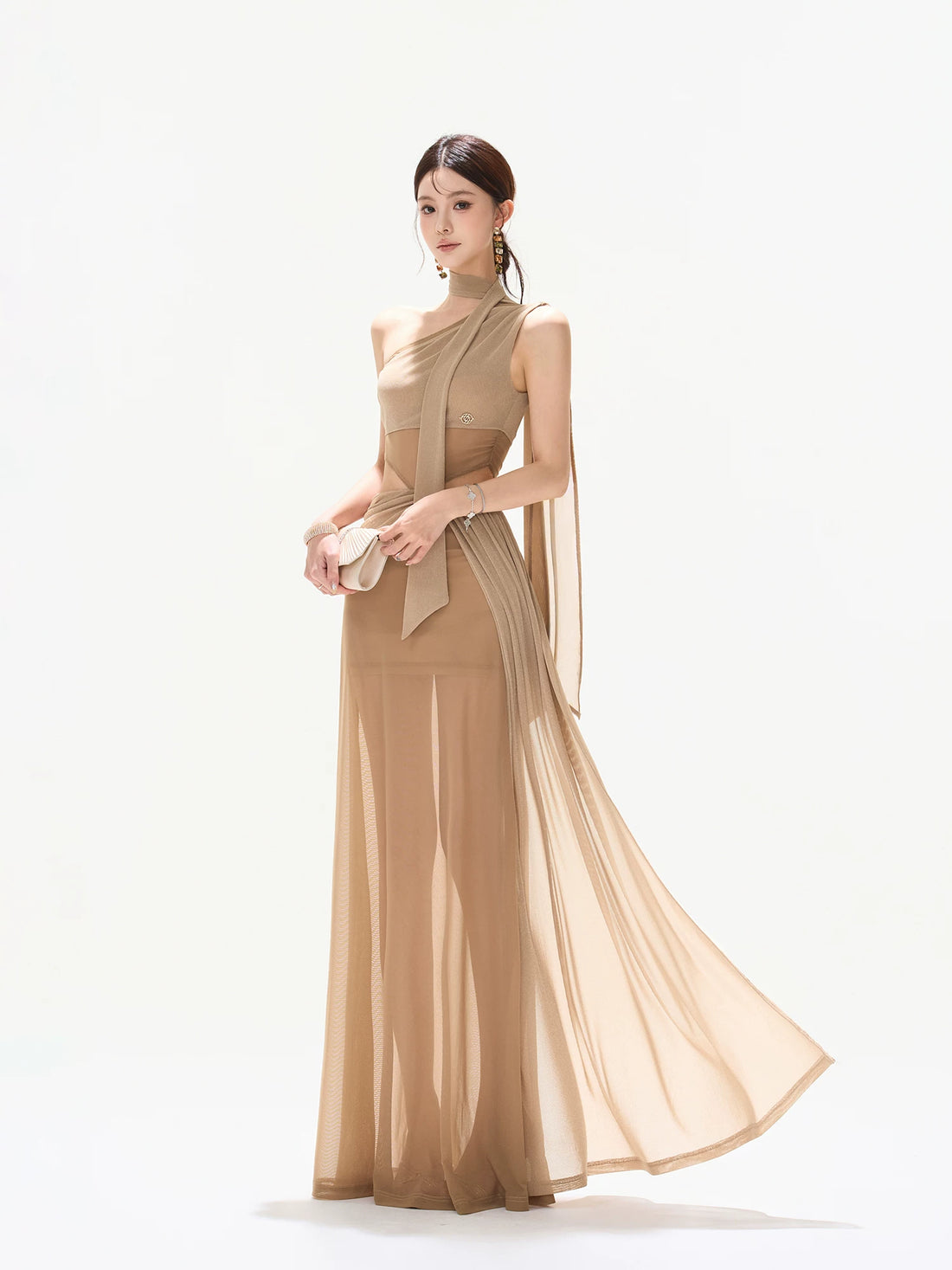 Asymmetric Mesh Maxi Dress
