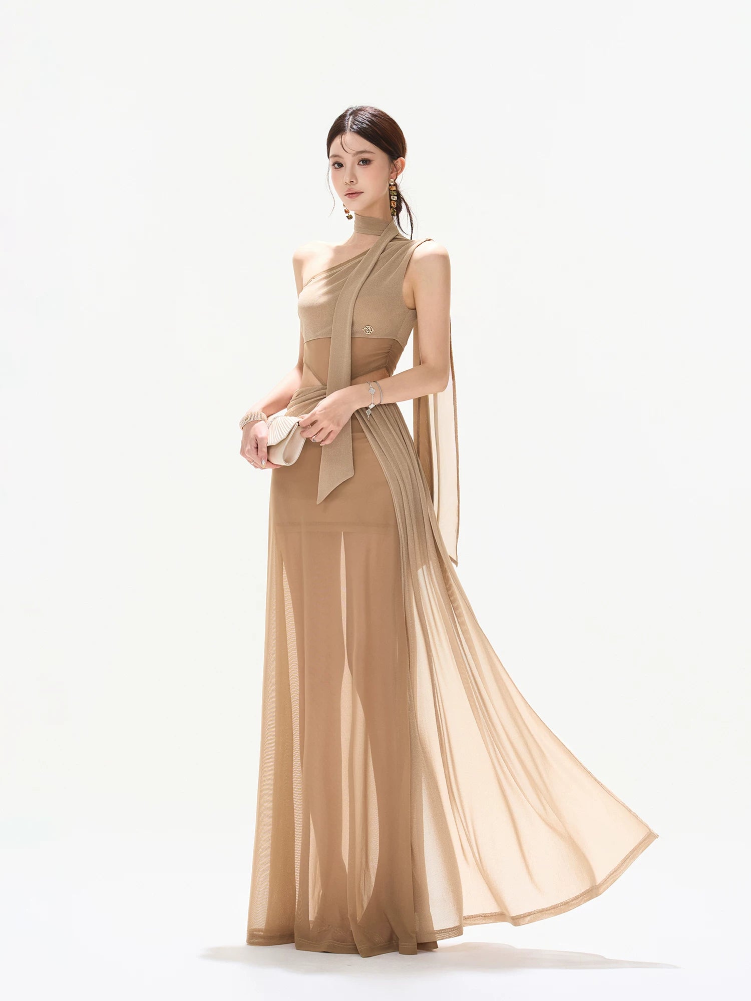 Asymmetric Mesh Maxi Dress