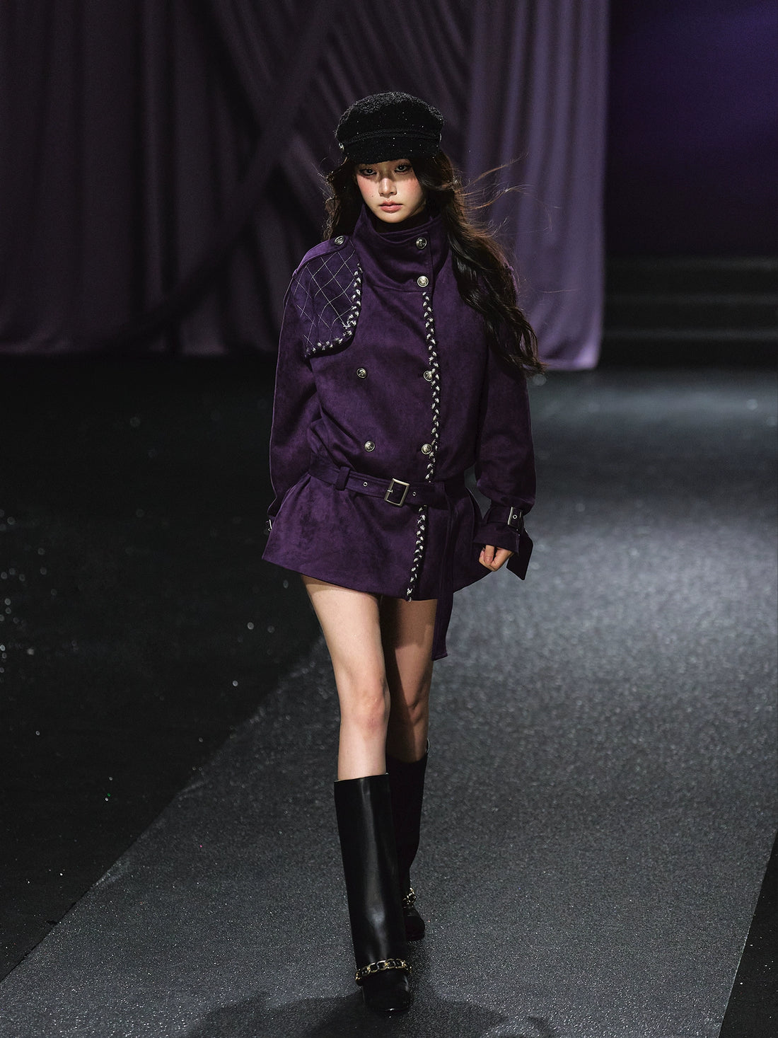 Purple Suede Stand-Collar Trench Jacket