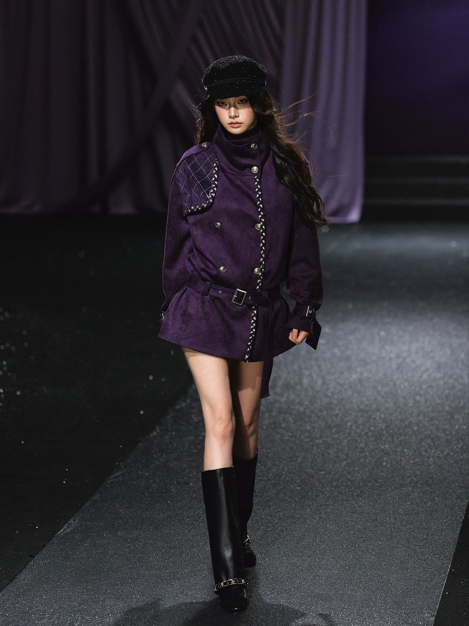 Purple Suede Stand-Collar Trench Jacket