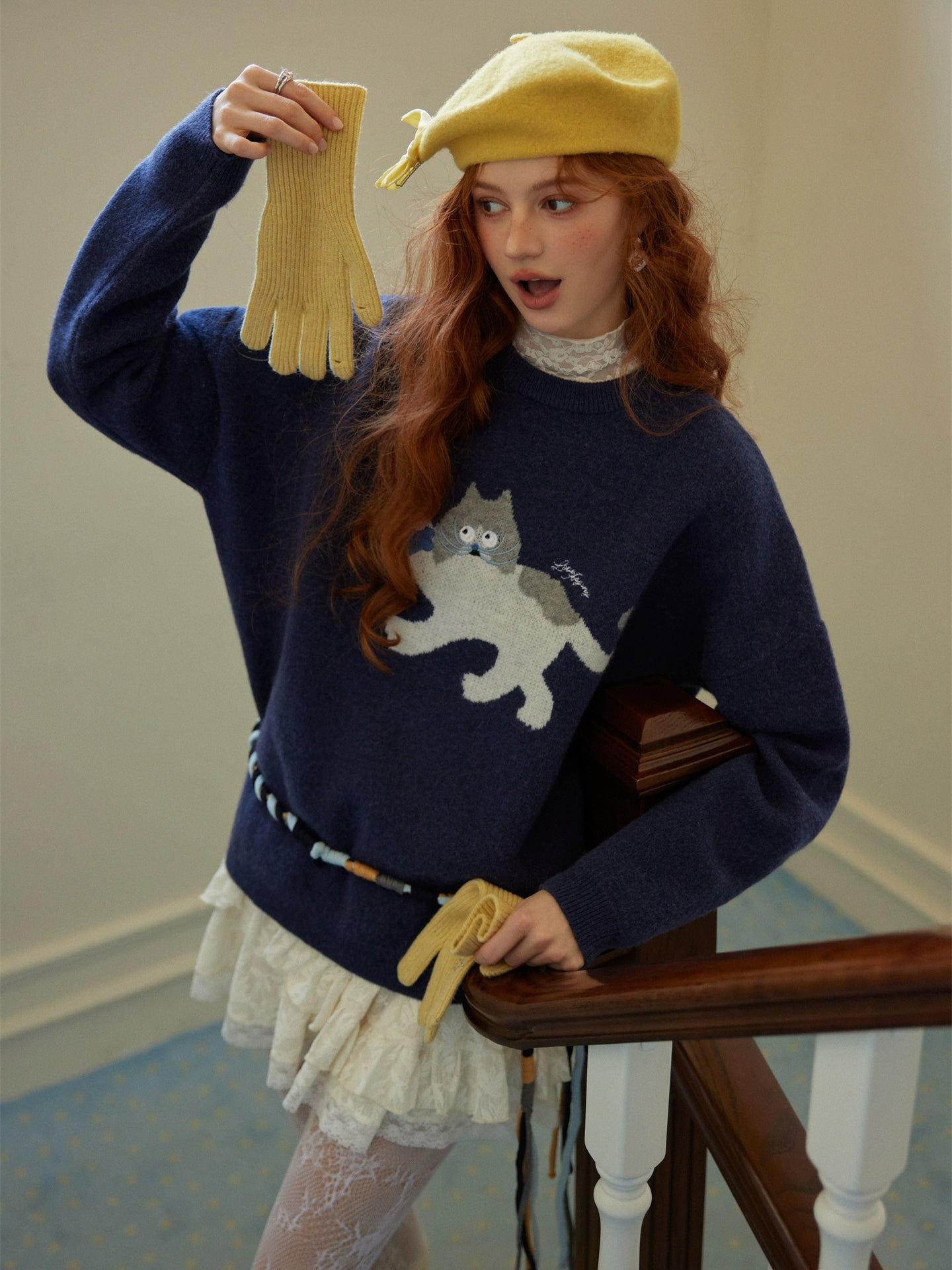 Cat Embroidery Jacquard Knit Sweater