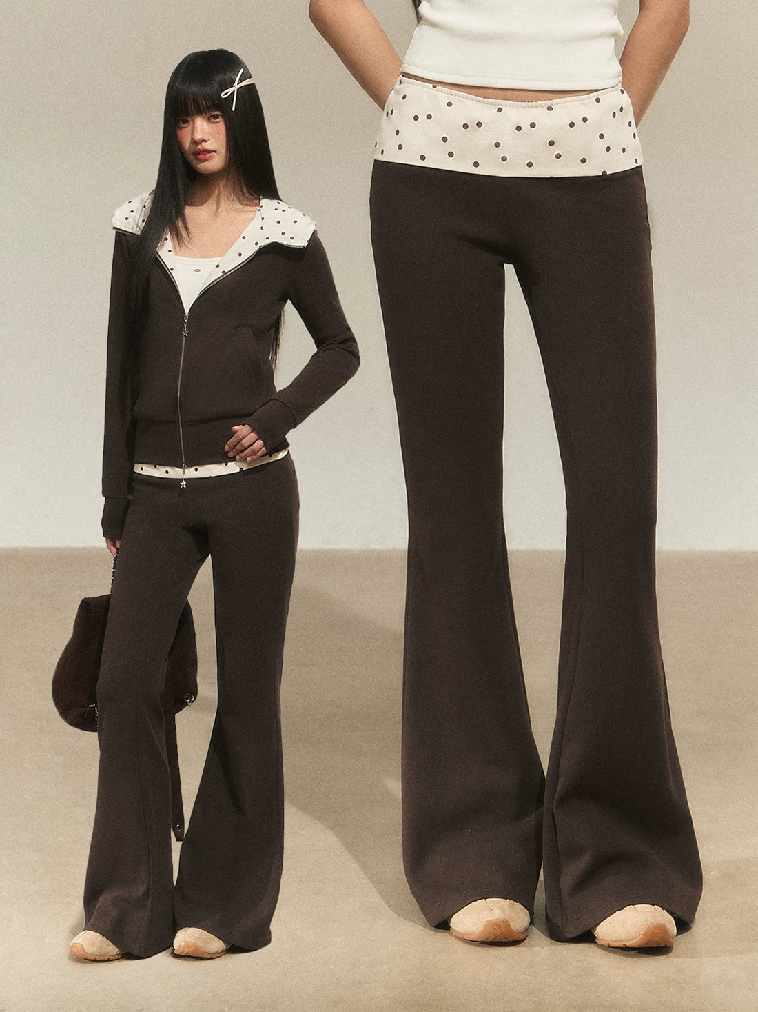 Contrast Polka Waist Flare Pants