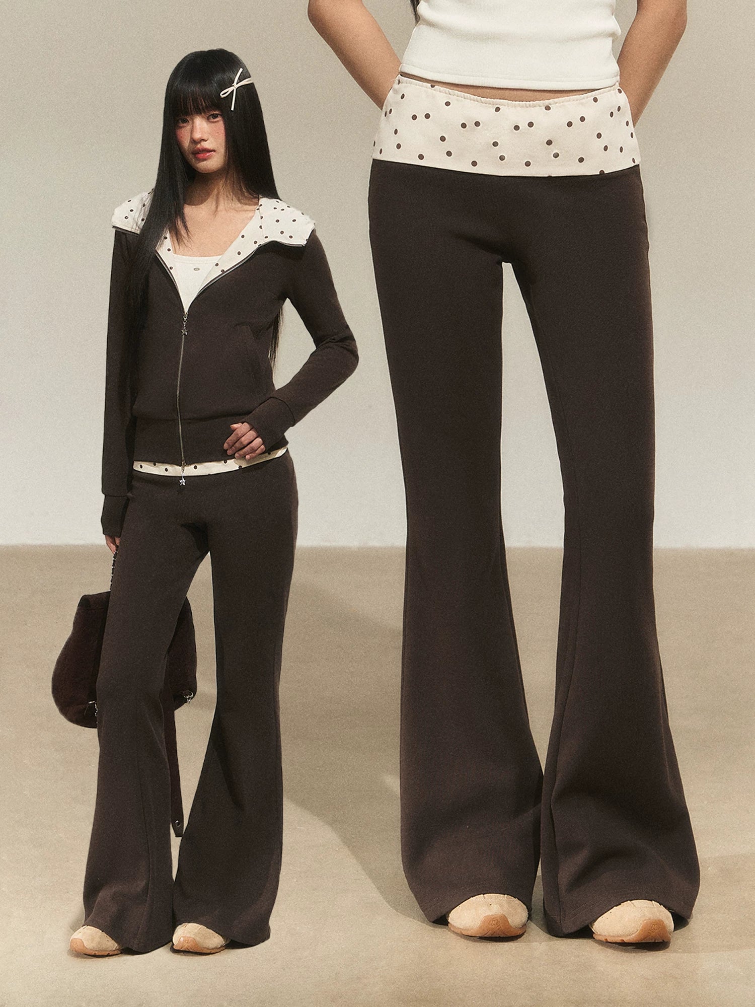 Contrast Polka Waist Flare Pants