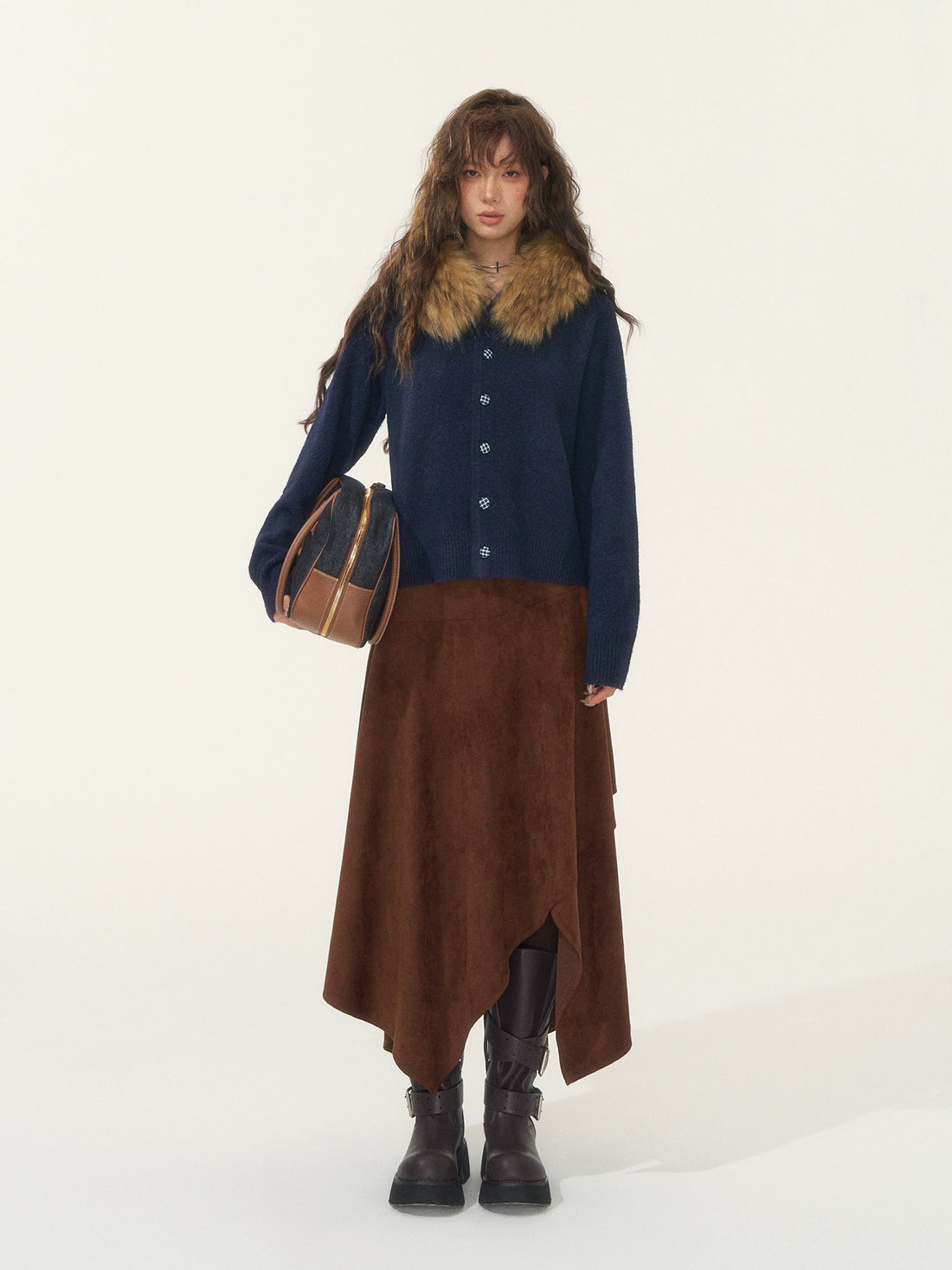 Asymmetric Faux Suede Midi Skirt