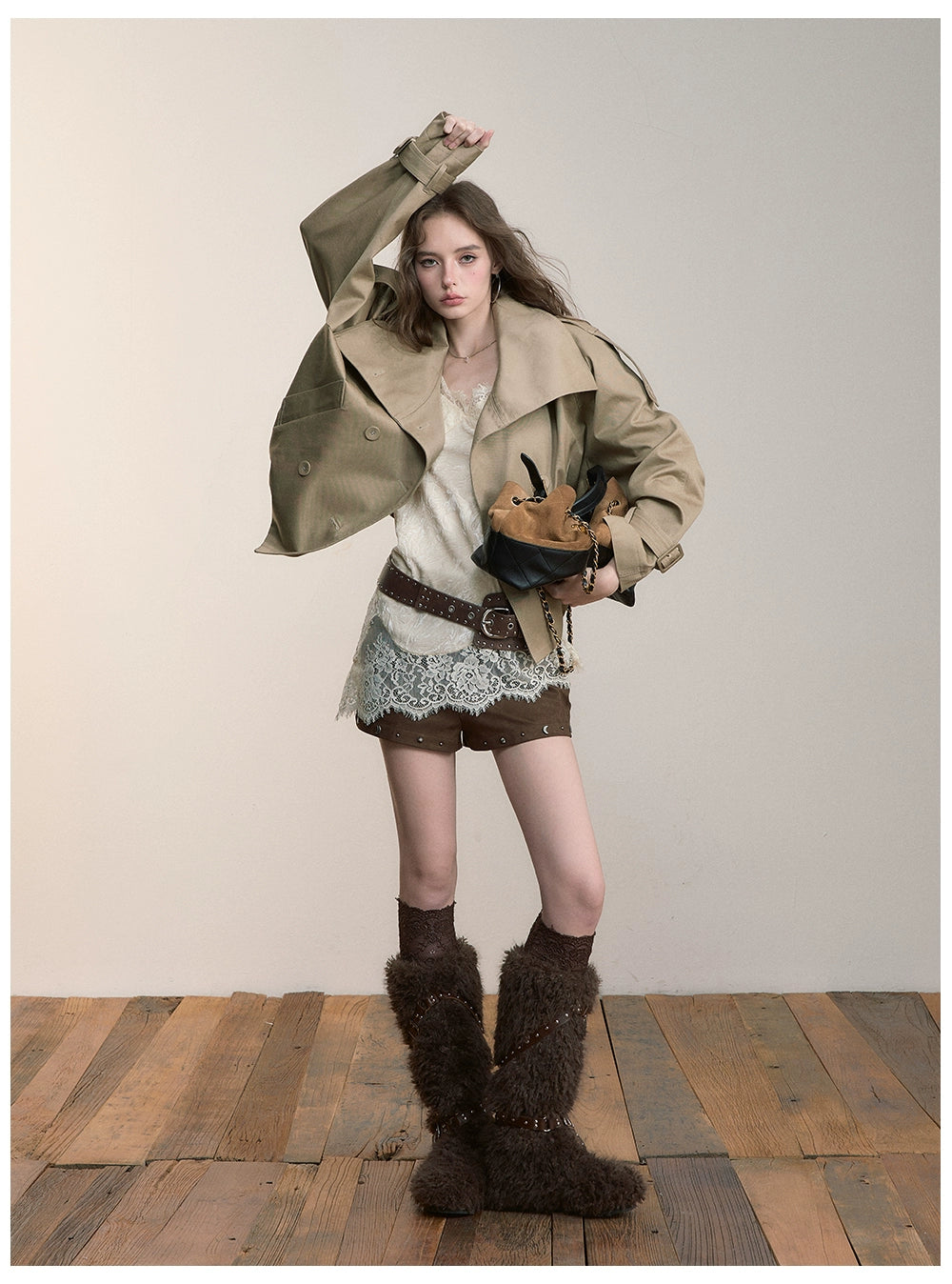 Brown Studded Faux Suede Shorts