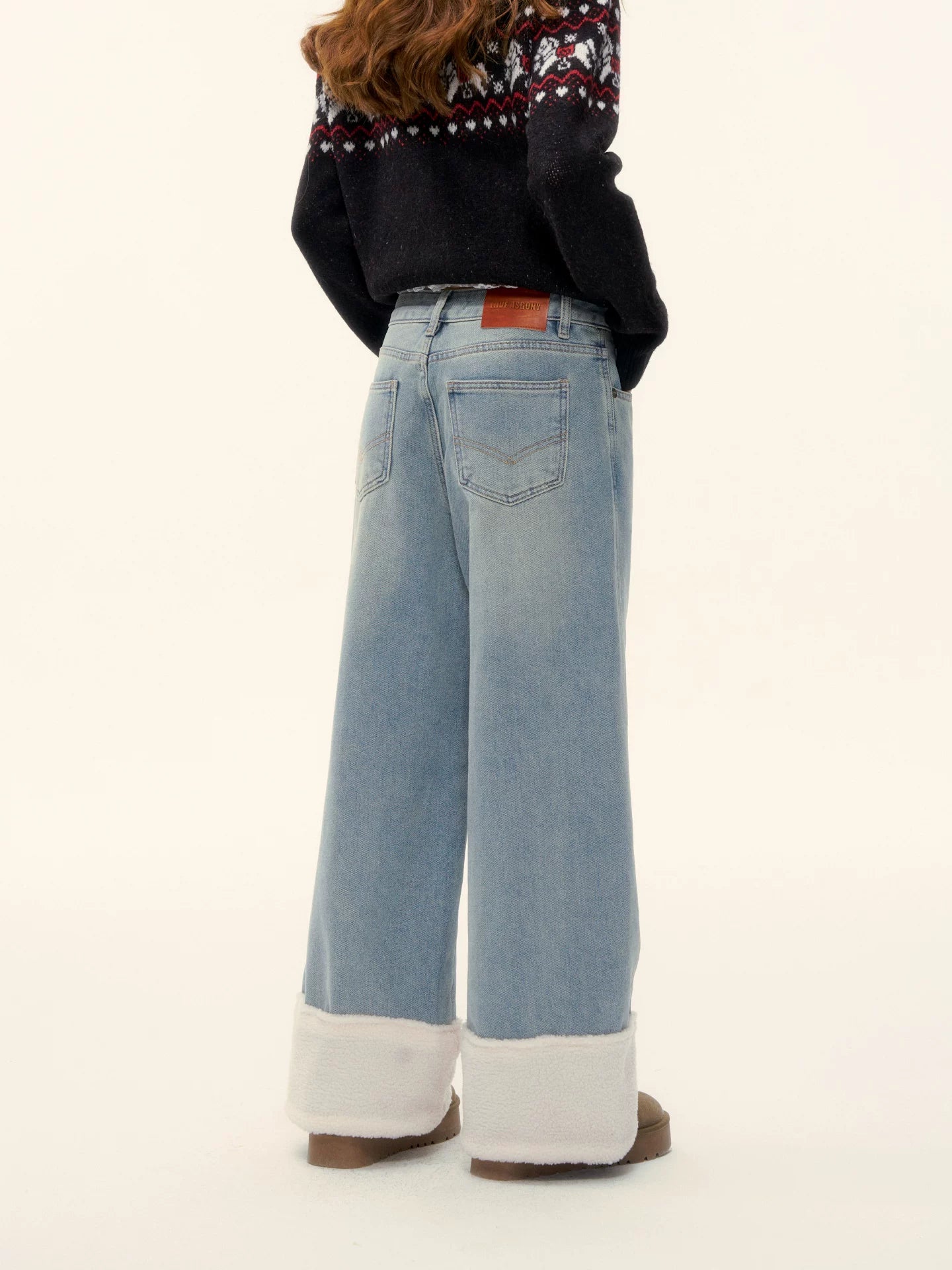 Blue Shearling-Trim Straight-Leg Denim Pants