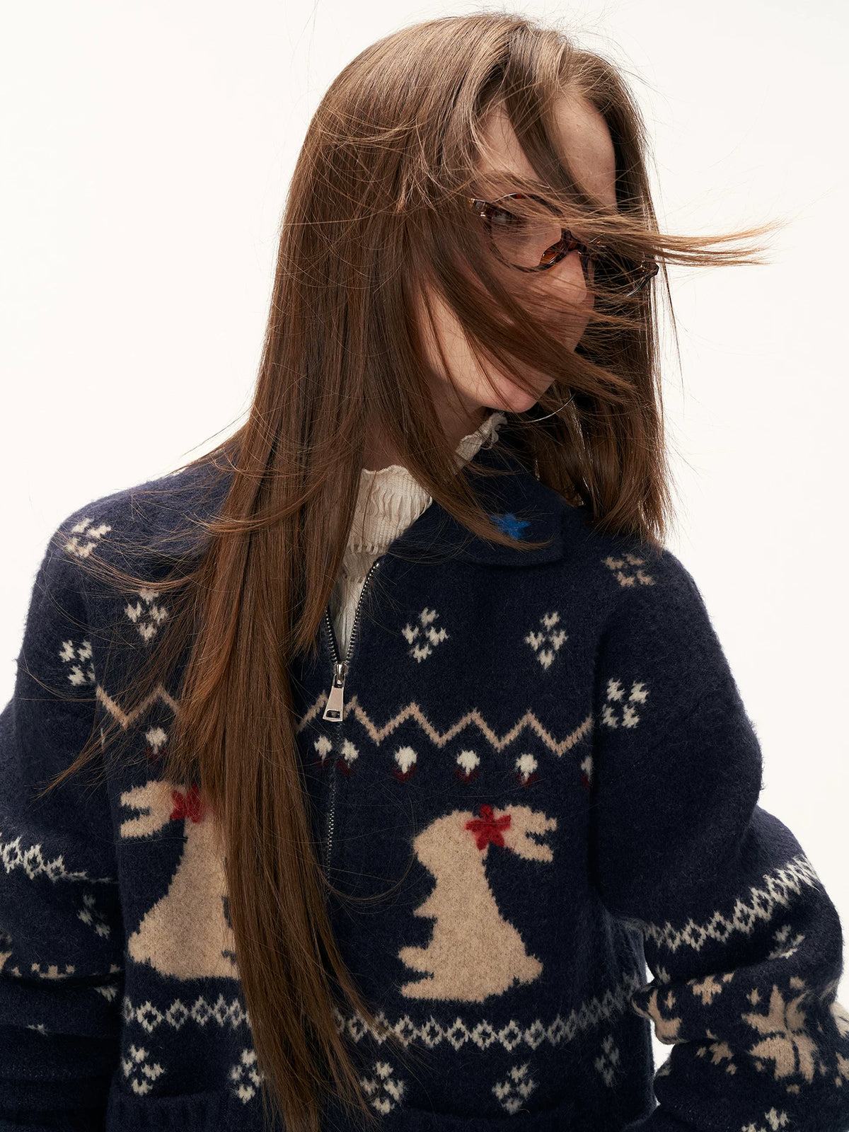 Red Snowflake Bunny Print Knit Cardigan