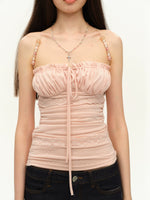 Beaded Strap Lace Splicing Acetate Cami Top