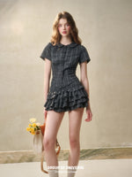Gray Plaid Doll Collar Lace Waist Shirt & Cami Set