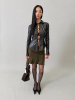 Faux-Leather Tie-Front Lace-Trim Cardigan