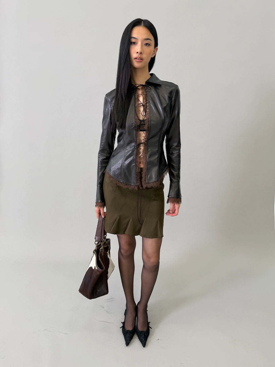 Faux-Leather Tie-Front Lace-Trim Cardigan