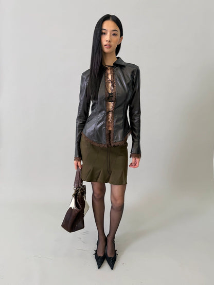 Faux-Leather Tie-Front Lace-Trim Cardigan