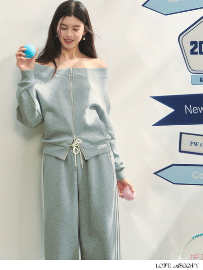 Off-Shoulder Zip-up Sweatshirt &amp; Pants Set