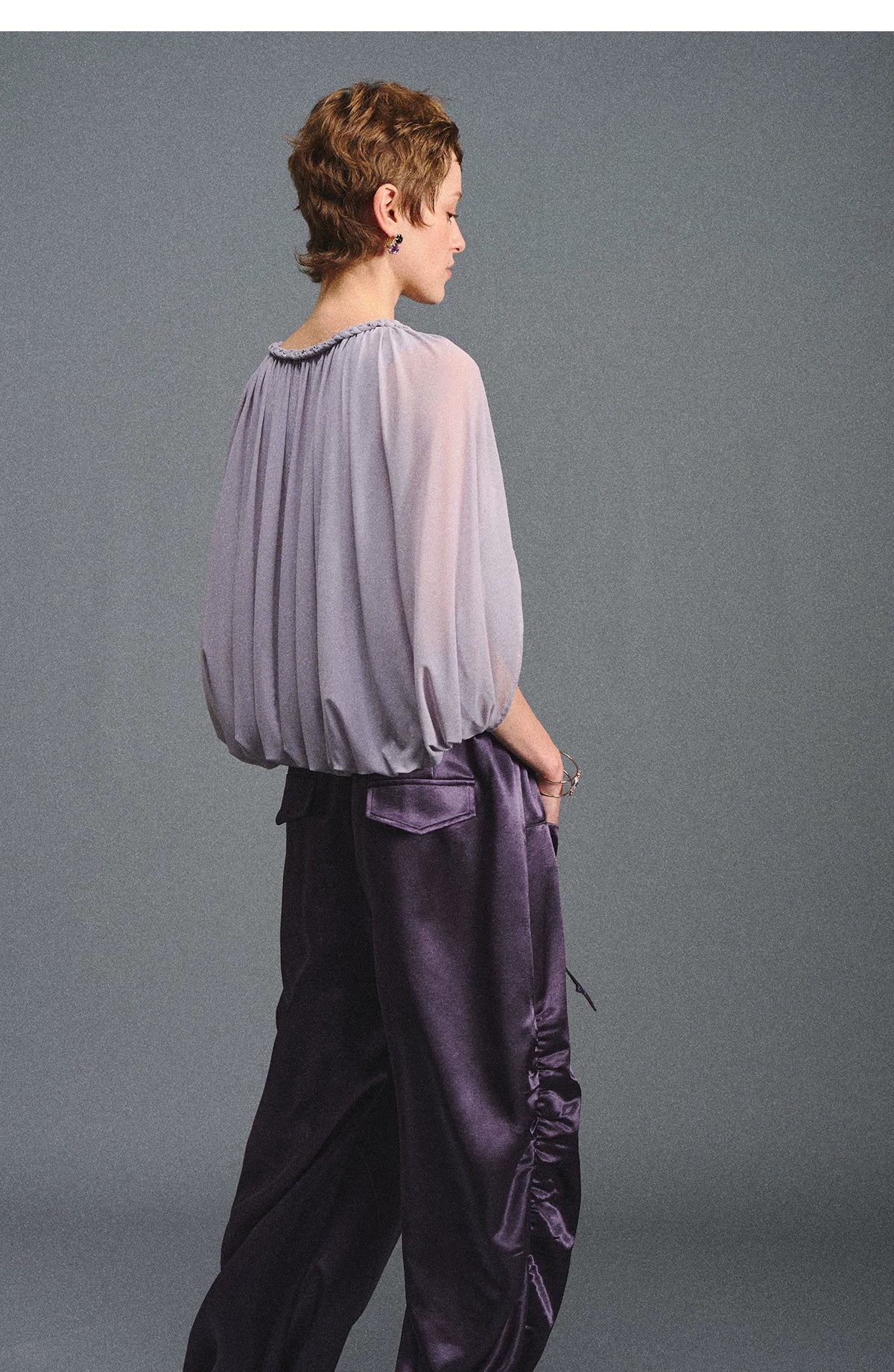 Purple Ruched Mesh V-Neck Top