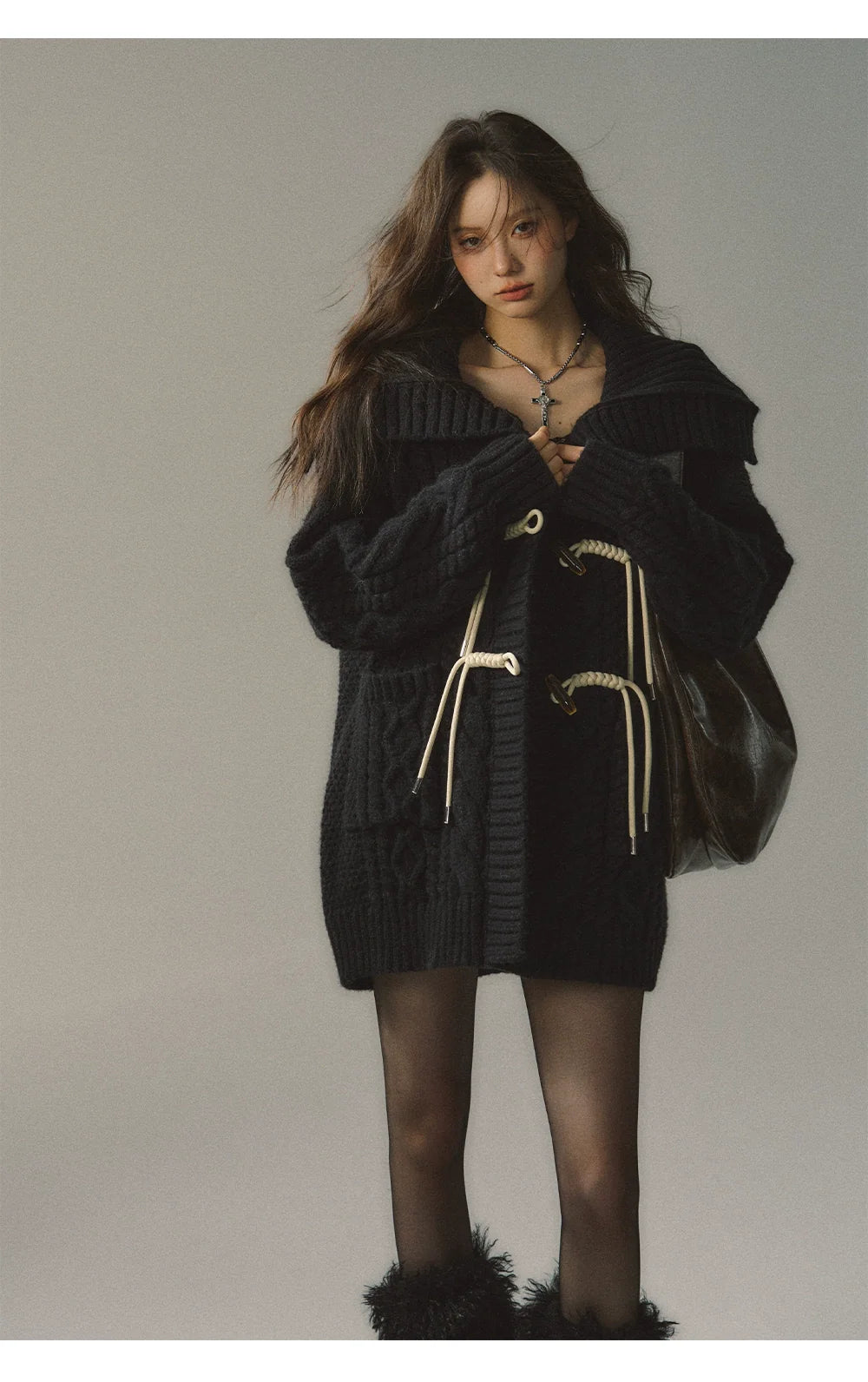 Khaki &amp; Black Horn Button Knit Cardigan