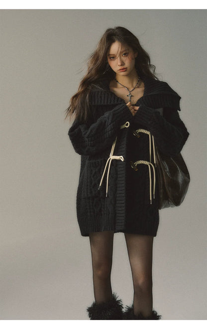 Khaki &amp; Black Horn Button Knit Cardigan