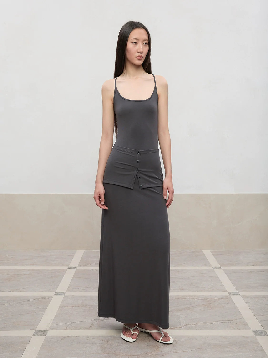 Deep U-Neck Button-Strapped Dress