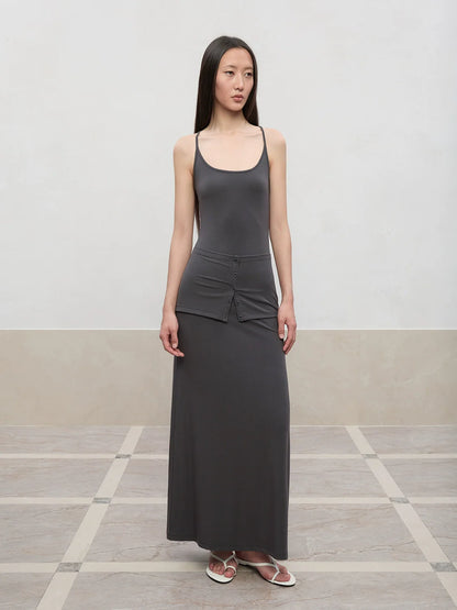 Deep U-Neck Button-Strapped Dress