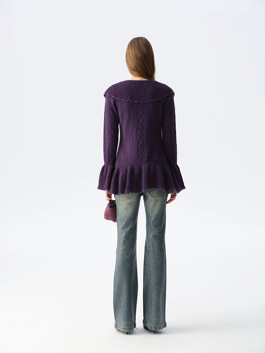 Two-Tone Openwork Ruffle Longline Cardigan