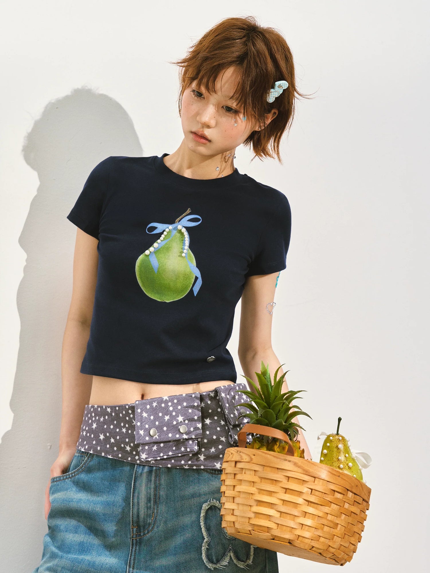 Pearl Bow Fruity Slim-fit Short Sleeve T-shirt