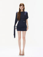 Navy Asymmetric Cape Dress