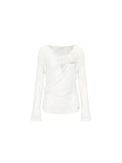 Black &amp; Gray Hollow Knit 3D Floral Blouse
