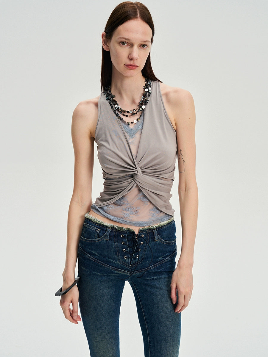 Lace Panel Twist Knit Tank