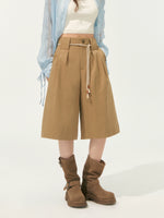 Khaki Simple 3D Pleated Shorts