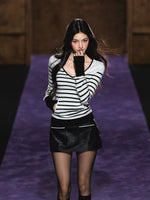 Striped V-Neck Epaulet Long-Sleeve Tee