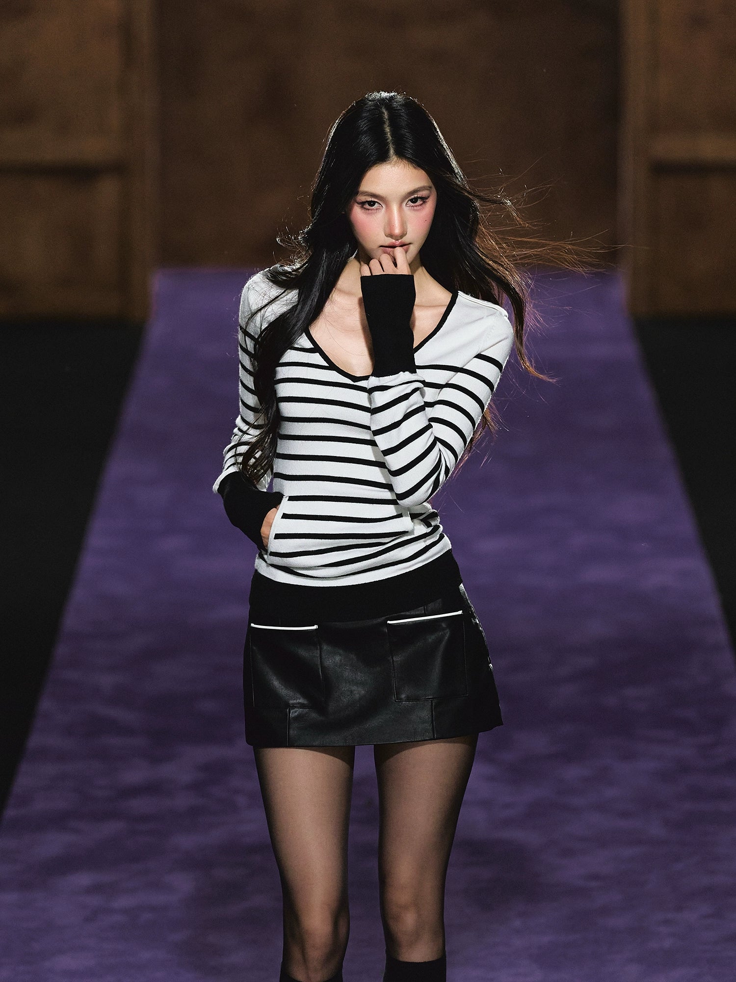 Striped V-Neck Epaulet Long-Sleeve Tee