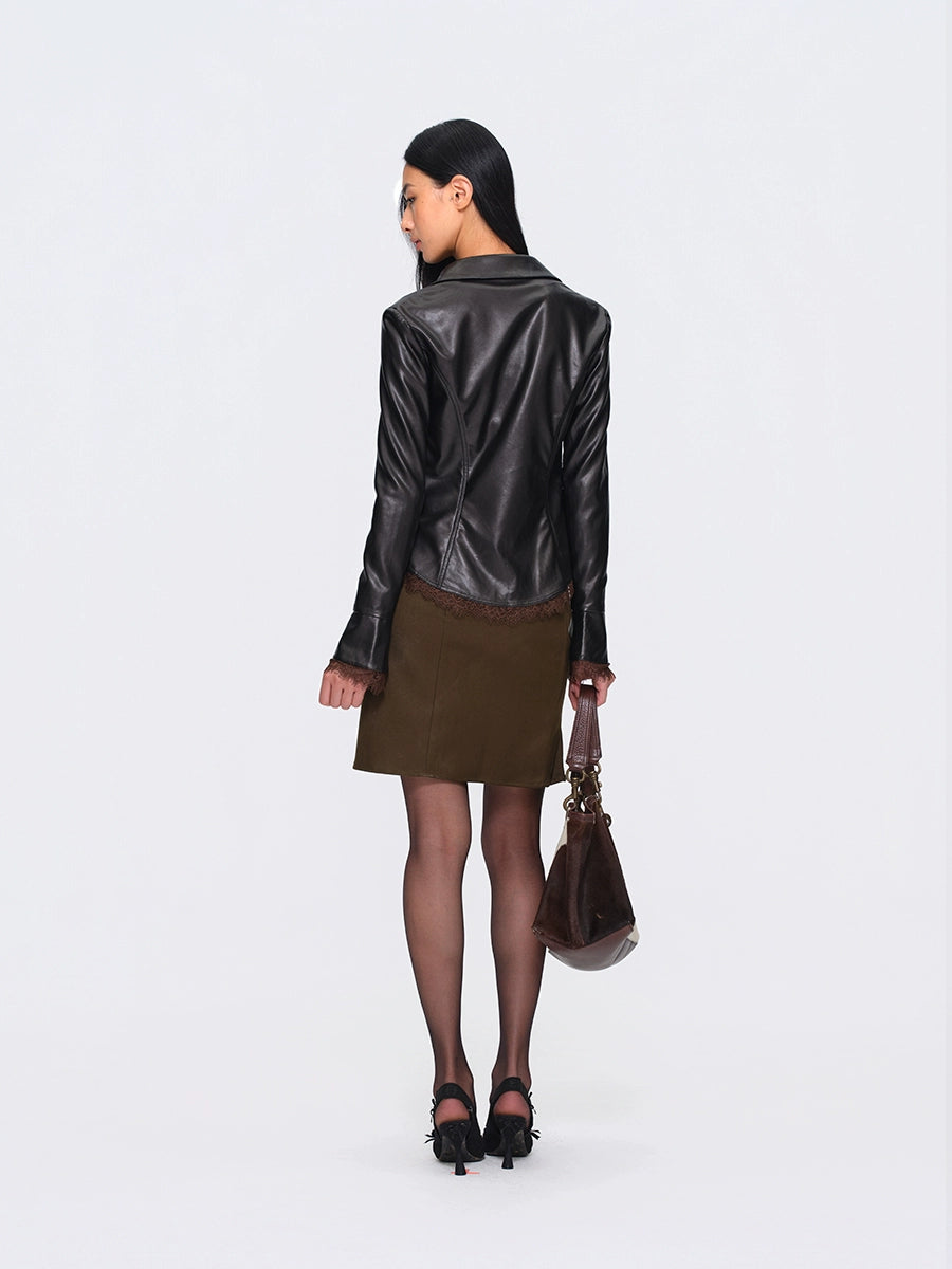 Faux-Leather Tie-Front Lace-Trim Cardigan