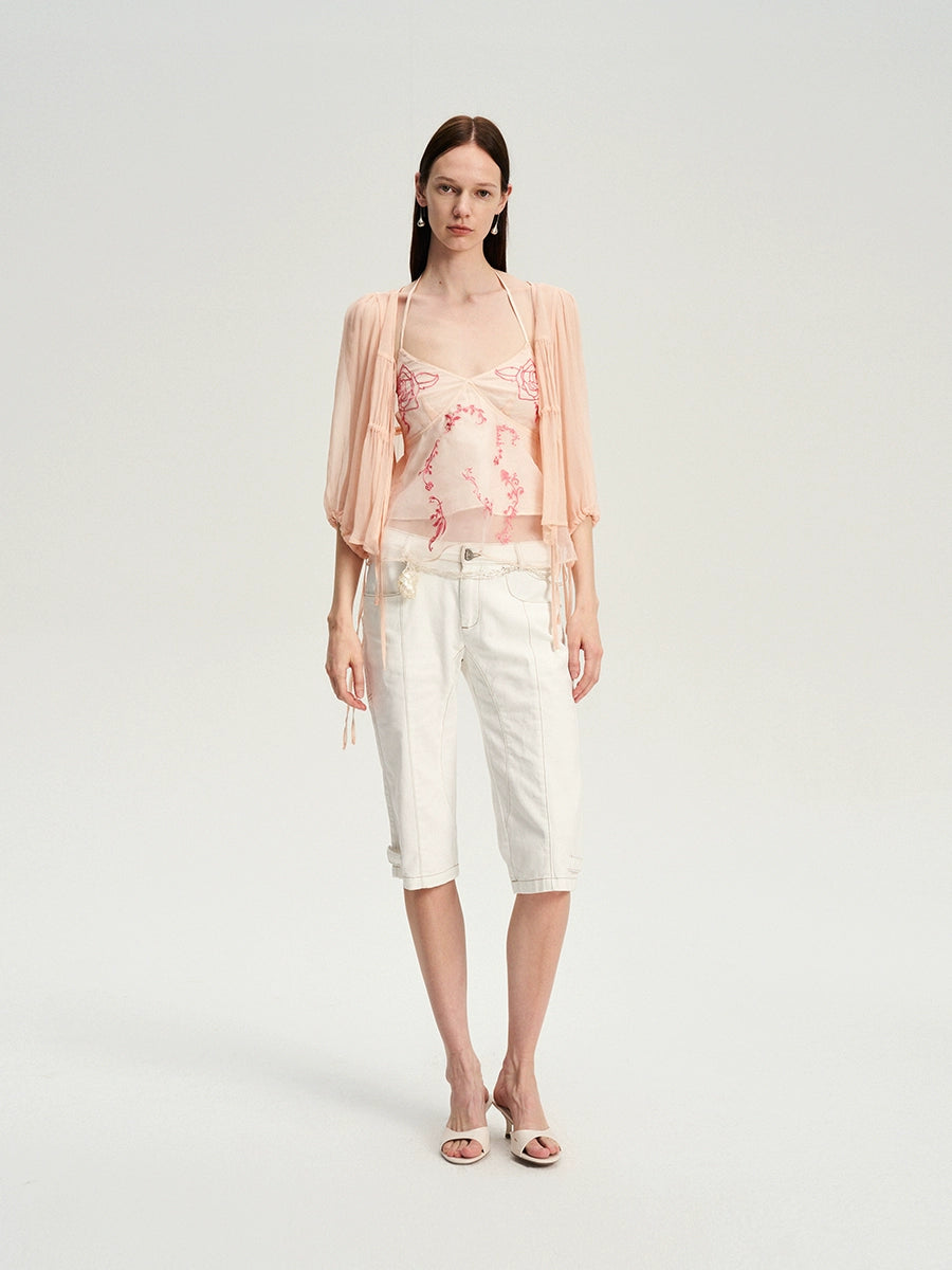 Light Pink Pleated Rayon Tie Cardigan