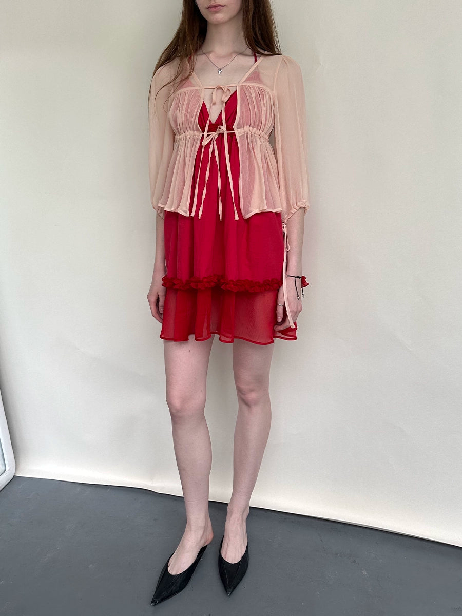 Light Pink Pleated Rayon Tie Cardigan