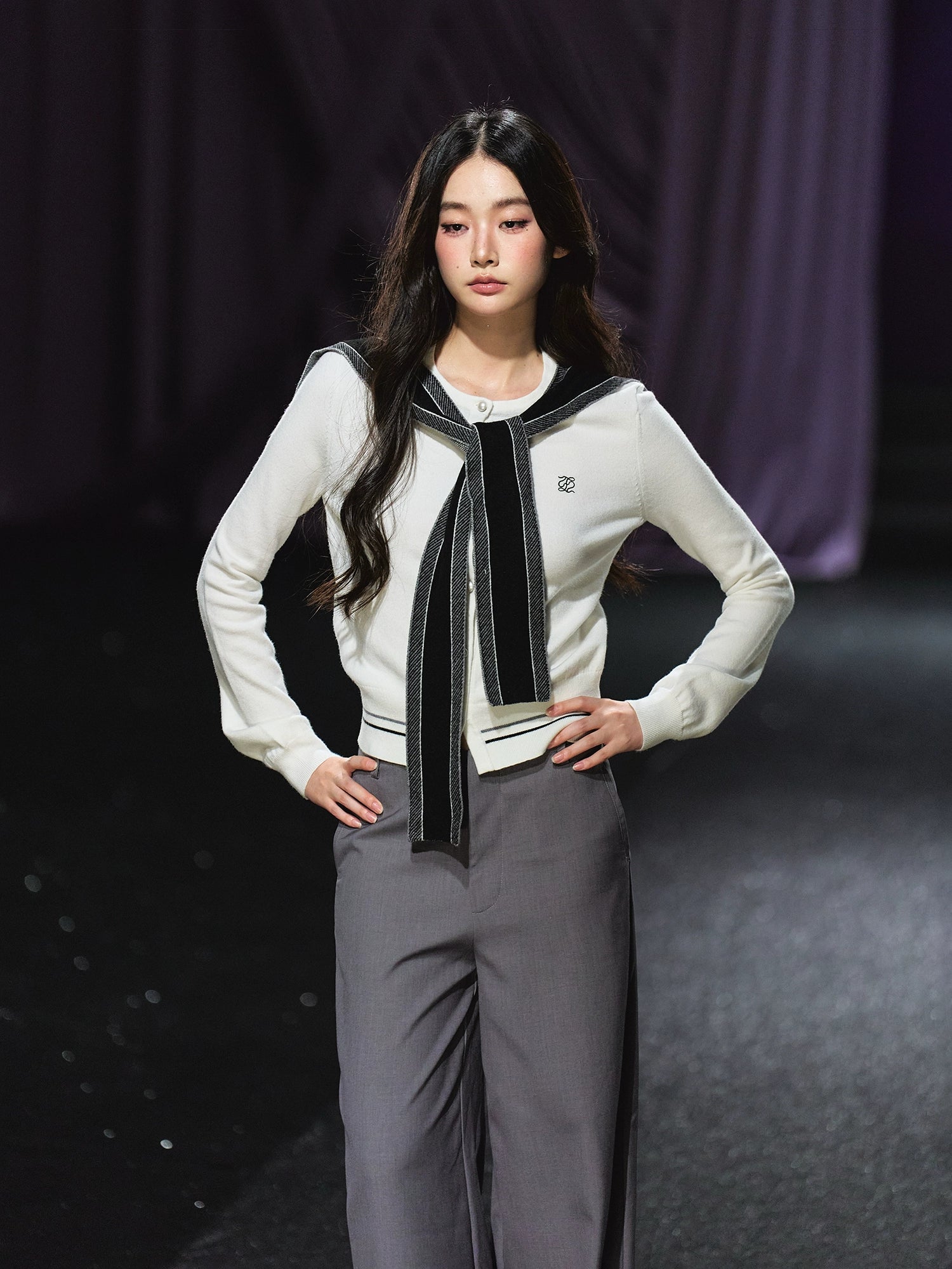 Miu-Inspired Contrast Trim Slim-Fit Knit Cardigan