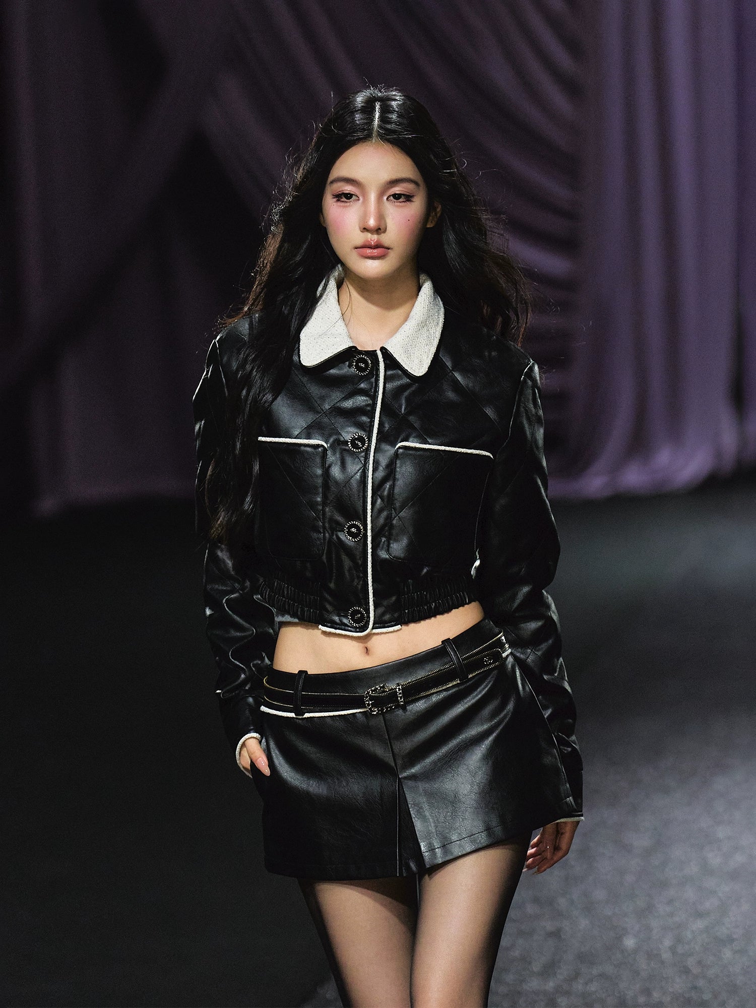 Contrast Trim Quilted Leather Jacket &amp; Skirt Set