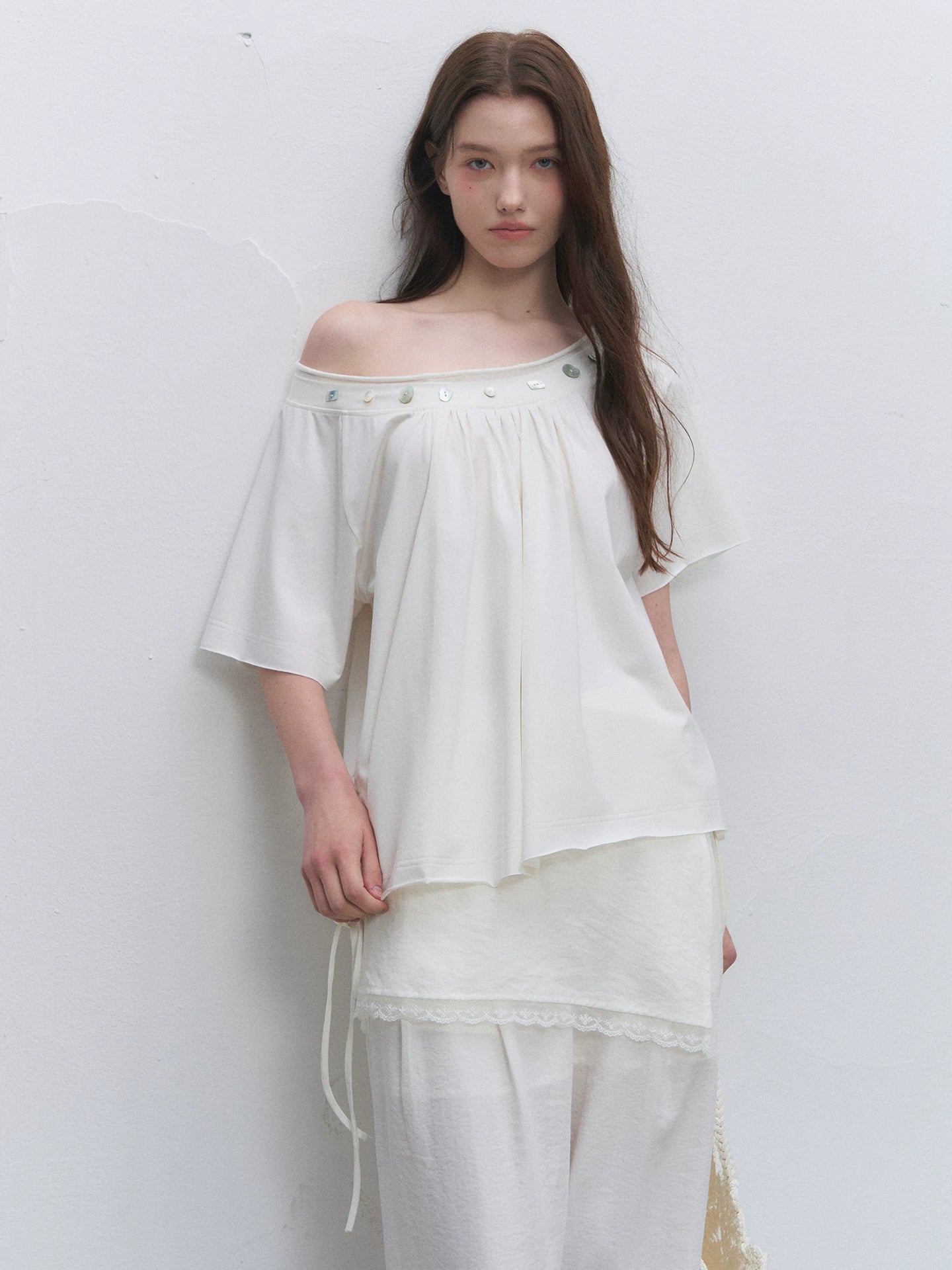 Shell Button Off-Shoulder Top