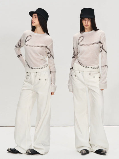 Snow-Washed Straight White Denim Pants