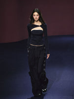 Rhinestone Pocket Drawstring Wide-Leg Pants
