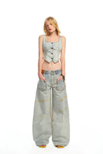 Washed Slightly Elastic Retro Vest