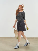 Envelope Neck Mid-sleeve Striped T-Shirt