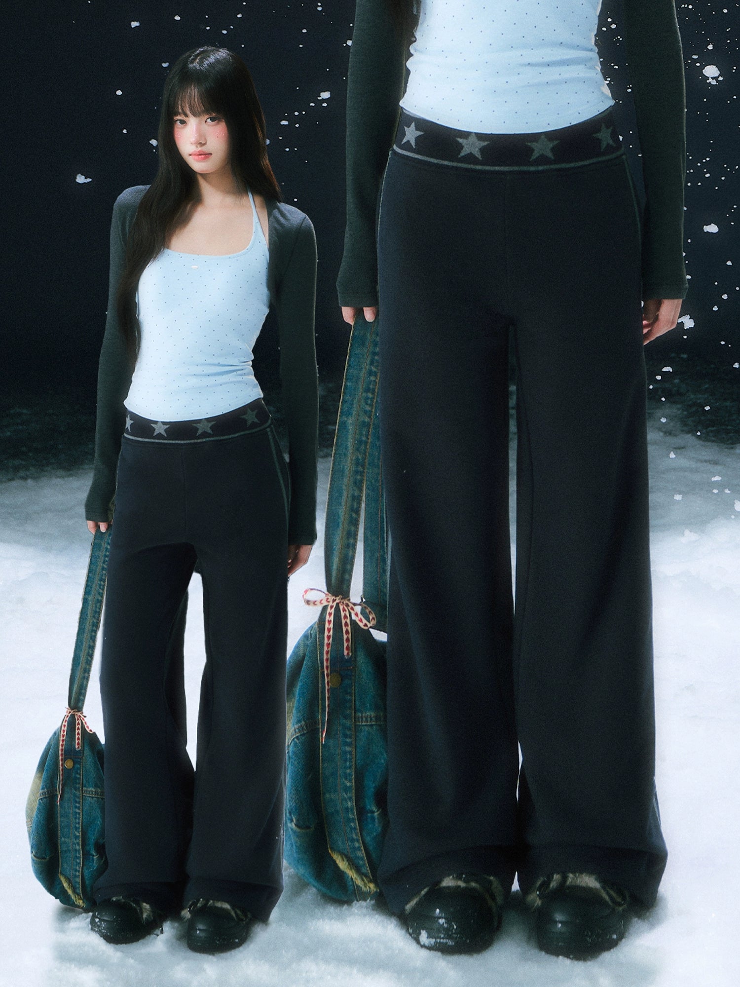 Navy Blue Star Waist Print Straight Sweatpants