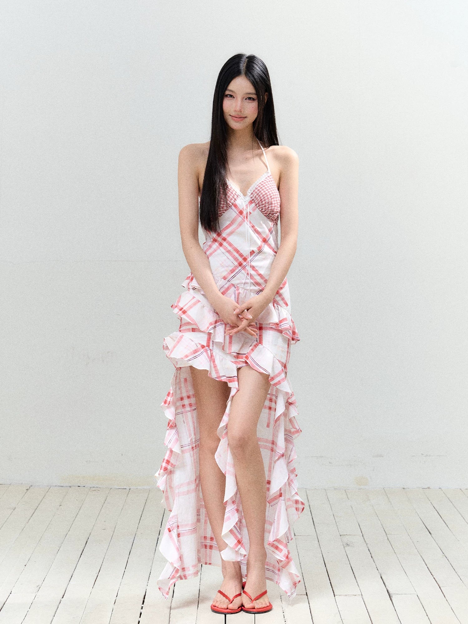 Contrast Plaid Ruffle Hem Tie Dress