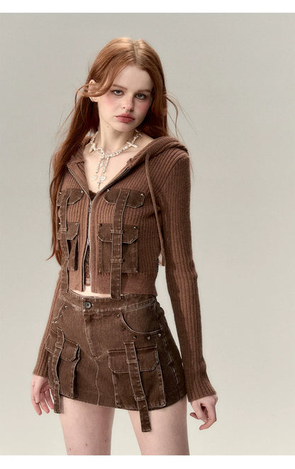 Coffee &amp; Gray Patchwork Drawstring Cardigan