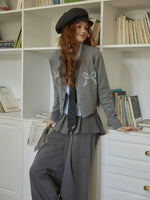 Bow Appliqué Round-Neck Knit Cardigan